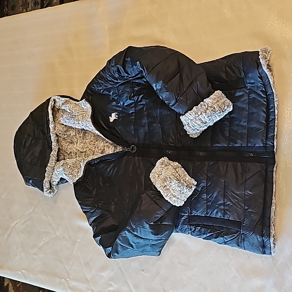 Abercrombie Kids 13/14 Reversible Puffer Sherpa Lined Hooded Jacket Navy/Gray